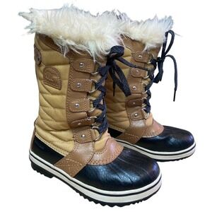 Sorel Kids Girl Size 1 Tan/Black Faux Fur Trim Waterproof Tofino II Winter Boots